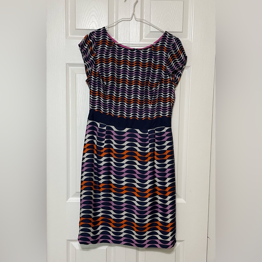 Boden Blue and White Sheath Dress with Bateau Neckline